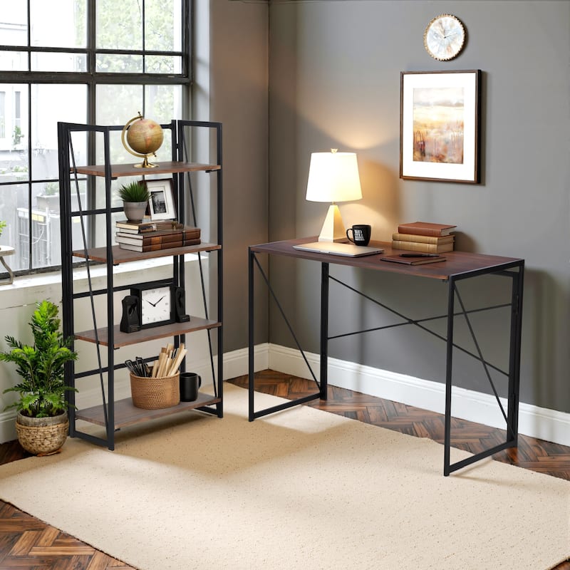 Industrial Home Office Bundle - 4-Tier Folding Bookshelf and 39" Study Desk, No Assembly Required