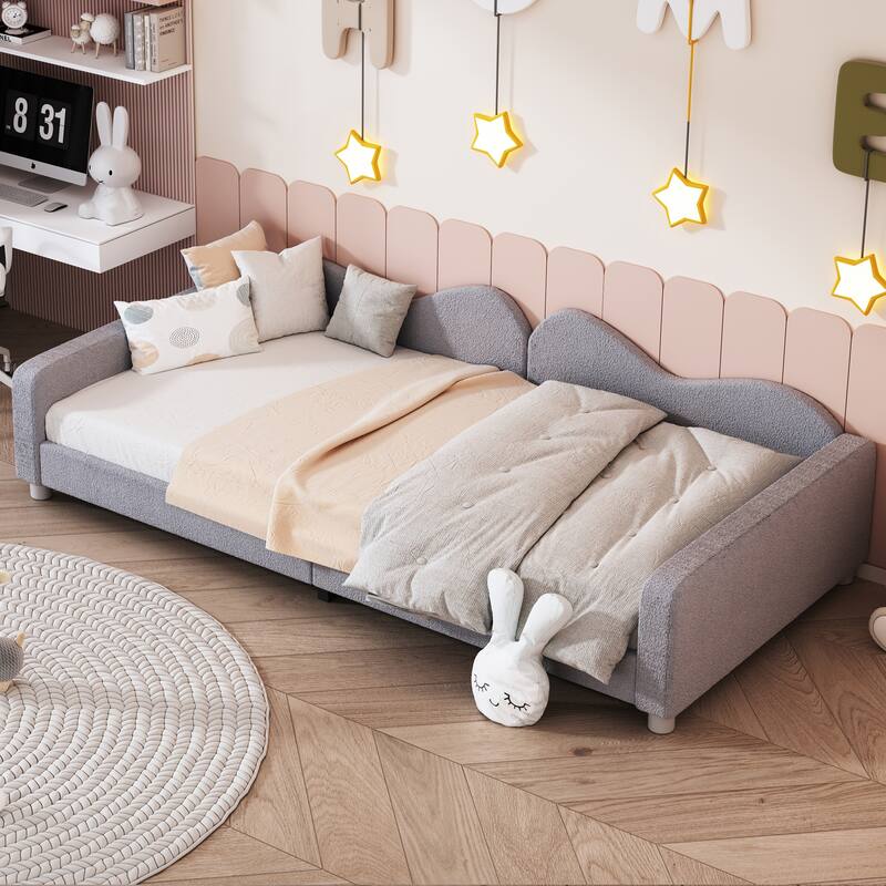Gray Twin Size Sherpa Fabric Upholstered Daybed with Cloud Backrest