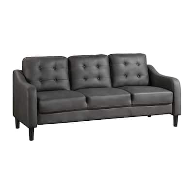 Orry 77 Inch Sofa, Button Tufted Back, Gray Microfiber, Black Solid Wood