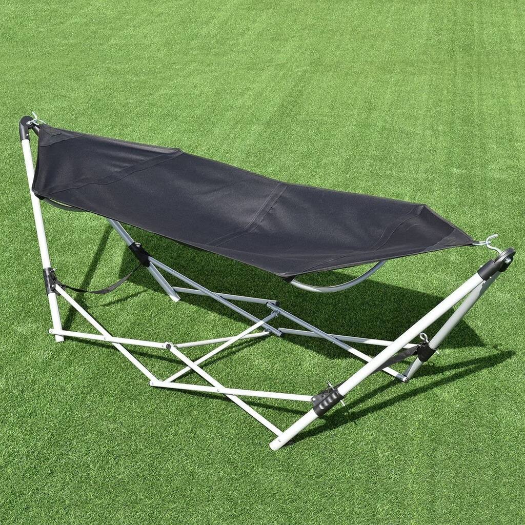 Portable Folding Hammock With Bracket, Beach Leisure Lounge Camping Bed, Steel Frame Bracket Hammock, Black