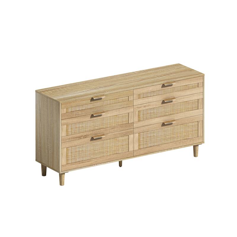 Rattan 6-Drawer Double Dresser with Metal Handle, Clothes Storage Cabinet for Bedroom