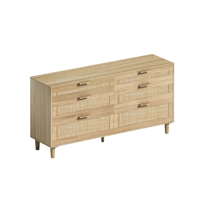 Rattan 6 Drawer Dresser, Clothes Storage Cabinet with Metal Handle and Wood Legs