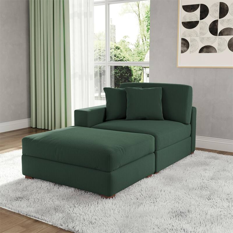 Corduroy Chaise Lounge Sofa with Ottoman for Living Room - Left - Hunter Green/Left