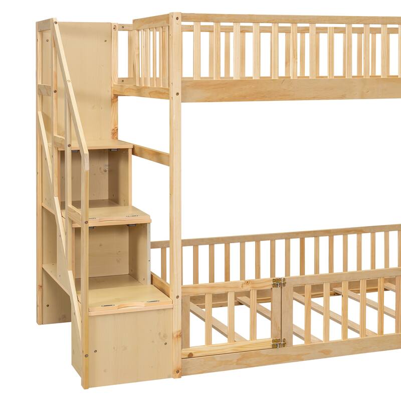 Twin Over Twin Floor Bunk Bed Frame with Storage Stairs and Door