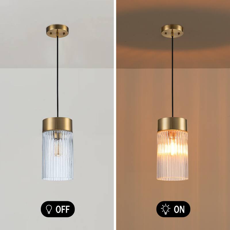 Industrial 1-Light Ribbed Glass Cylinder Pendant Light for Kitchen Island Dining Room - Gold
