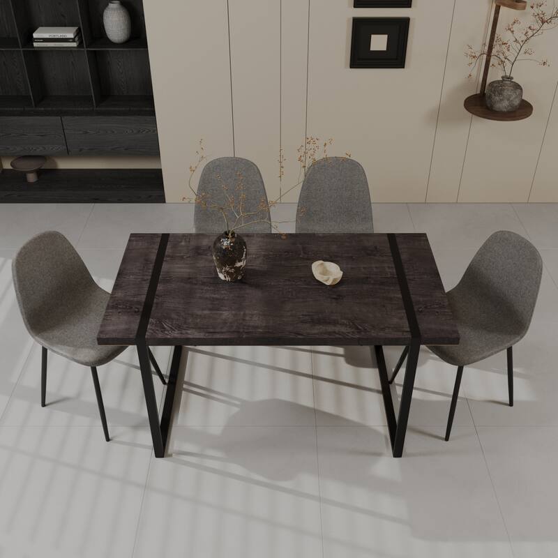Modern Style 5-Piece Dining Set with Rectangular Wooden Kitchen Table and 4 Round Corner Suede Dining Chairs - Black+Grey