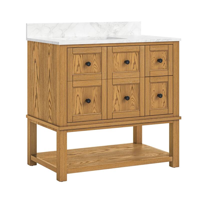 48 Inch Single Bathroom Vanity with 6 Drawers, Marble Top Bathroom Vanity with Sink in White