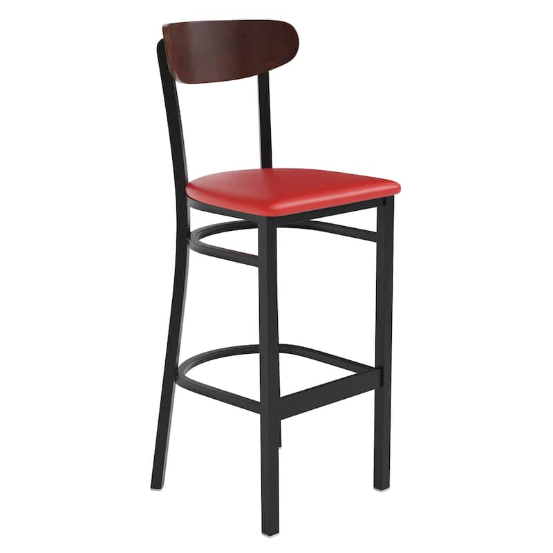 Commercial Metal Barstool with Wood Seat and Boomerang Back