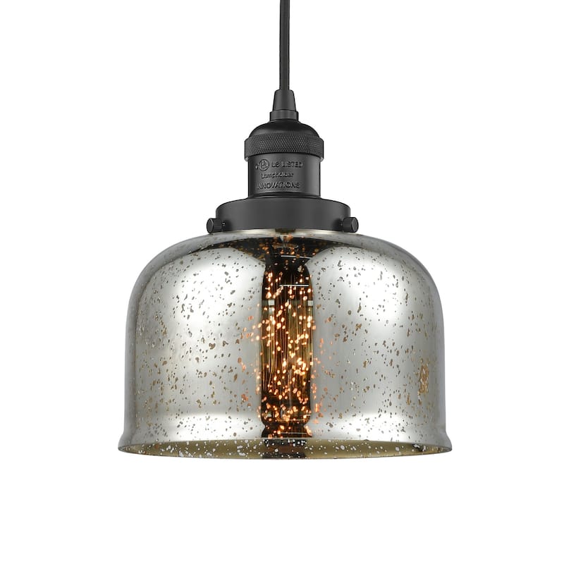 Innovations Lighting Large Bell 8" Wide Mini Pendant - Cord Suspension - Matte Black / Silver Mercury