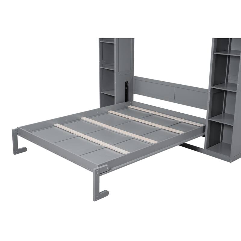 Wooden Wall Murphy Bed with Side Bookshelf & LED Lights
