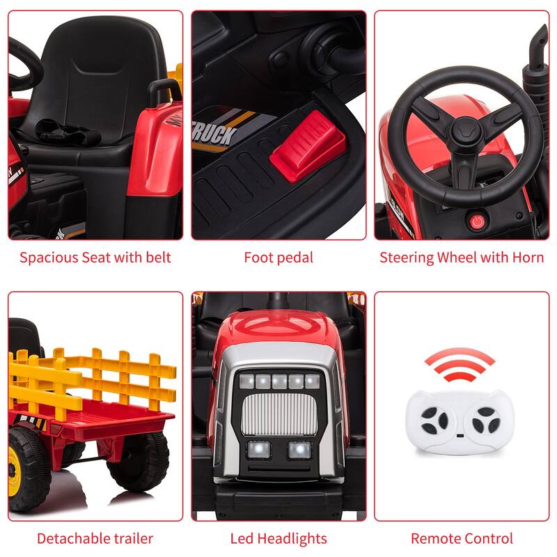 12V Kids Electric Tractor w/Remote Control Treaded Tires,Battery Powered Ride On Tractor with Trailer & 2+1-Gear-Shift