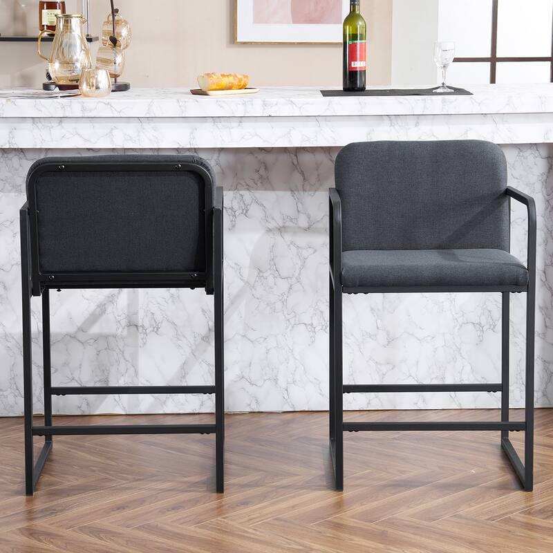 Upholstered Counter Height Bar Stool with Armrests, Metal Frame and Padded Seat, Dining Chair for Kitchen Island, Restaurant