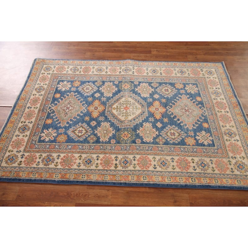 Blue Geometric Kazak Oriental Area Rug Handmade Wool Carpet - 4'0"x 5'10"