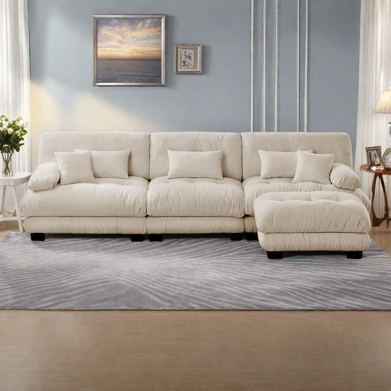 133.8" 3-Seater L-Shaped Chenille Cloud Couch with Ottoman and Oversized Deep Seat Sectional Sofa - Light Coffee