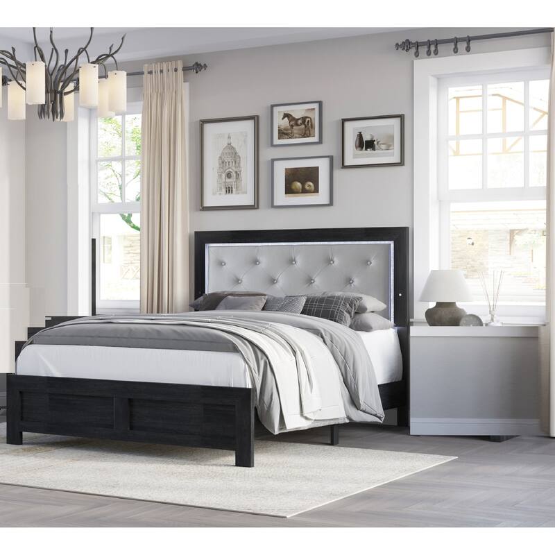 1pc Modern Queen Panel Bed with Headboard Lighting Black Finish Faux Leather Gray Upholstery Button Tufted