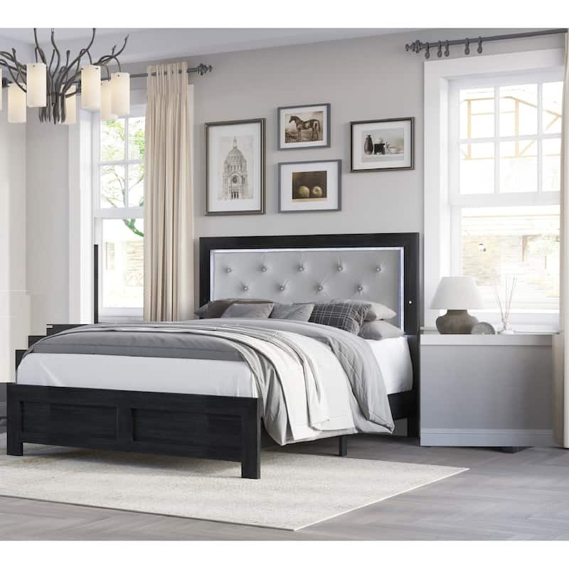 Sleek Queen Bed with LED Backlit Upholstered Headboard, Button Tufted, Beige Finish, Slats & Support Legs Included