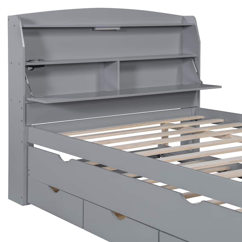 Full Size Wooden LED Platform Bed with Trundle, Storage Headboard Modern Floor Standing Bed Frame with Drawers