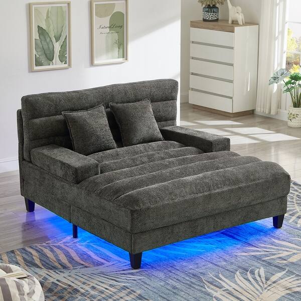 slide 2 of 16, 57-In Chenille Upholstered Chaise Lounge with Adjustable Backrest & LED Light Strip Grey