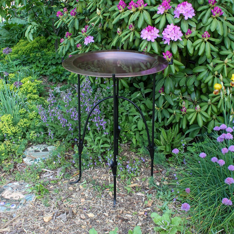 Achla Designs 24"Dia. Round Antique Finished Brass Classic Copper Birdbath w/Black Wrought Iron Phoebe Stand
