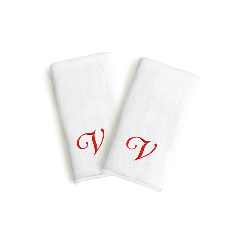 Authentic Hotel and Spa 2-piece White Turkish Cotton Hand Towels with Holiday Red Script Monogrammed Initial - White/V