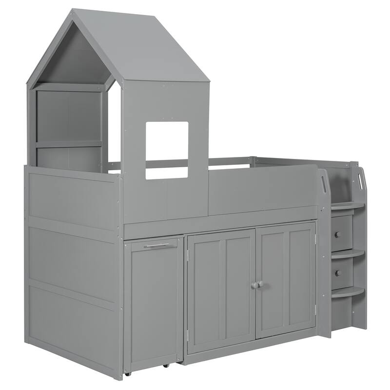House-Style Kids Loft Bed Frame with Cabinets, Desk, Twin Size Wooden Loft Bed with Safety Guardrail & Storage Ladder