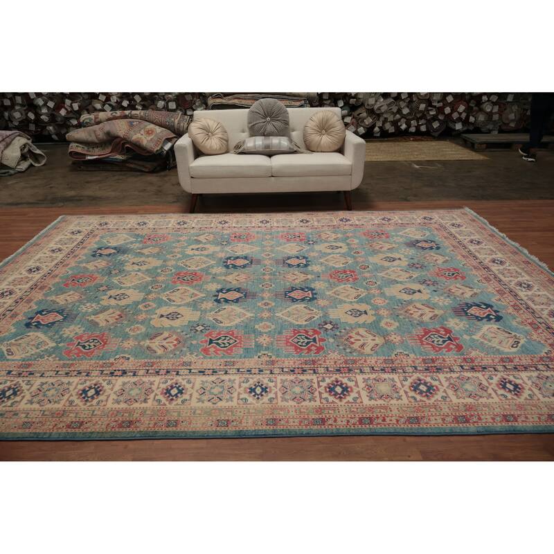 Hand Knotted Oriental 100% Wool Carpet Traditional Geometric Navy Blue & Blues Kazak Area Rug - 11' 10'' X 9' 0''