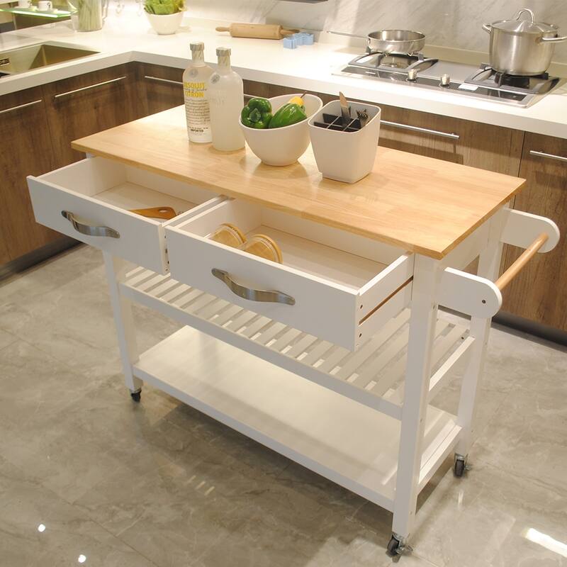 Rubber Wood Top Kitchen Island, Mobile Kitchen Cart with Two Lockable