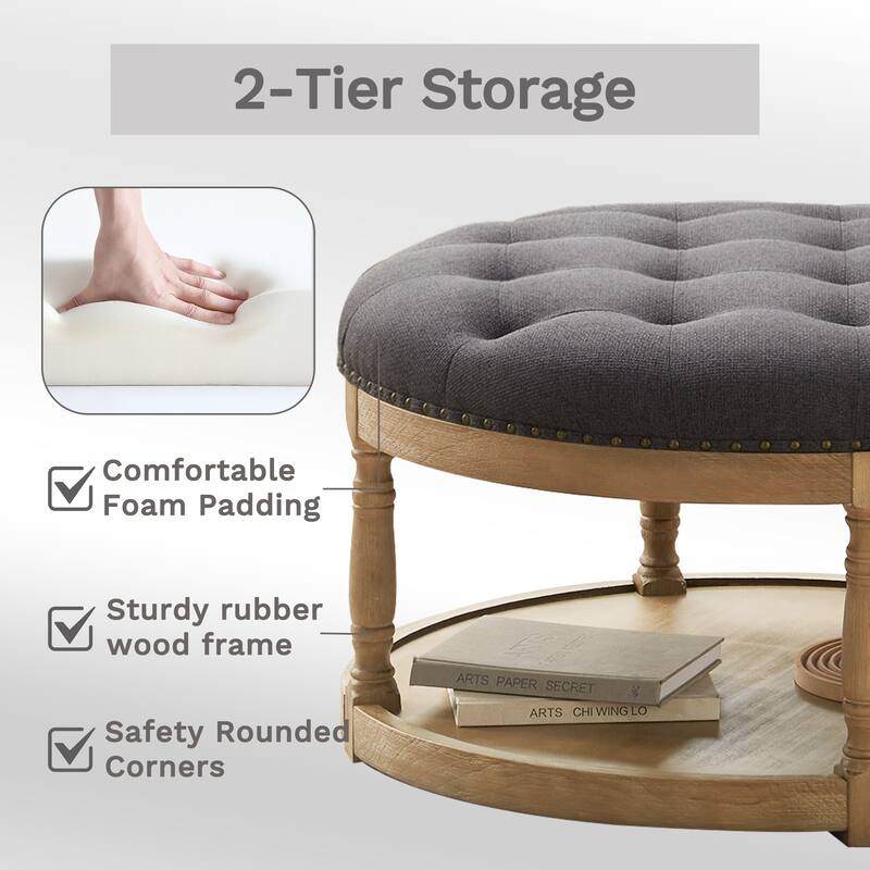 HUIMO 33in Round Upholstered Solid Wood Ottoman Coffee Table with Storage Shelf