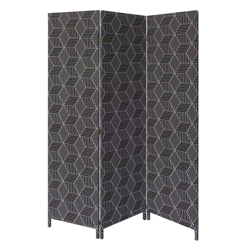 HomeRoots 71" Black and White Fabric Folding Three Panel Screen Room Divider - 47' X '71' X '1