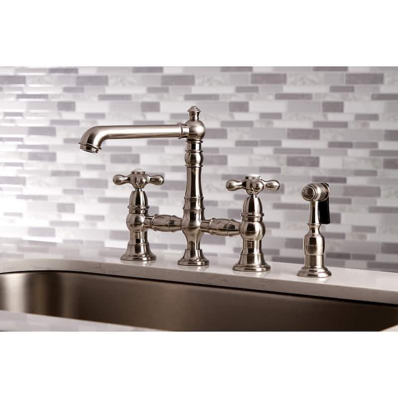 English Country Bridge Kitchen Faucet with Sprayer in Matte Black