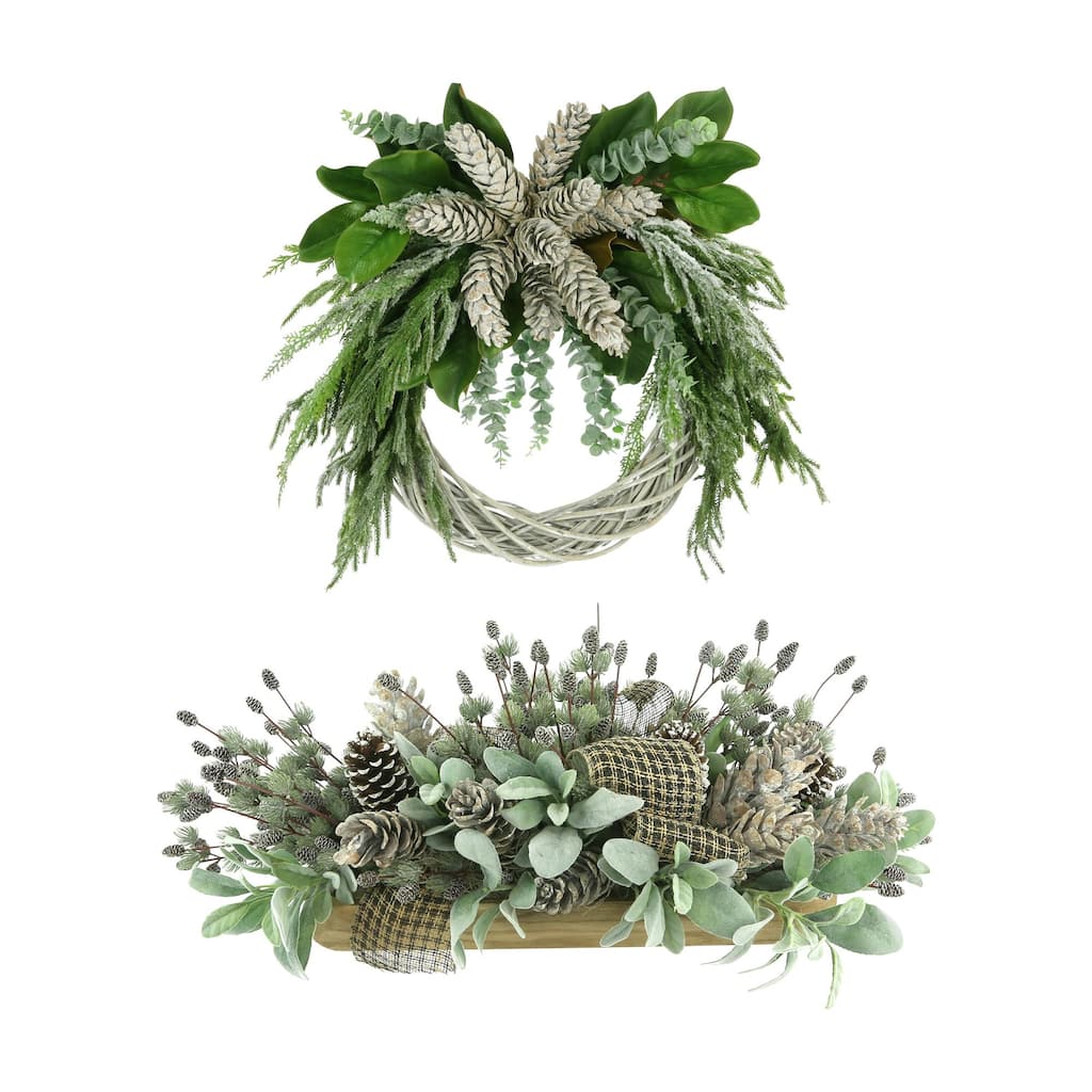 Holiday Bundle with 31" Evergreen Wreath and Centerpiece - Green, White - 28Hx31Wx14D, 13Hx33Wx16D