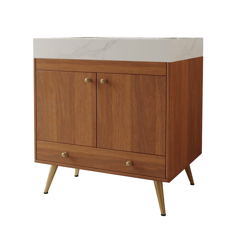 Mid-Century 30" Freestanding Bathroom Vanity with Faux Marble Top, Ceramic Sink & Gold Legs Cabinet