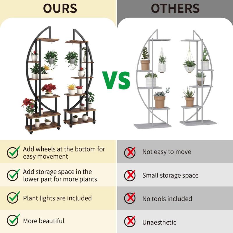 2 pcs 6 Tier Tall Metal Plant Stand Indoor with Grow Light, Half Moon Shape Plant Shelf & Wheels, Curved Ladder Flower Pot Rack
