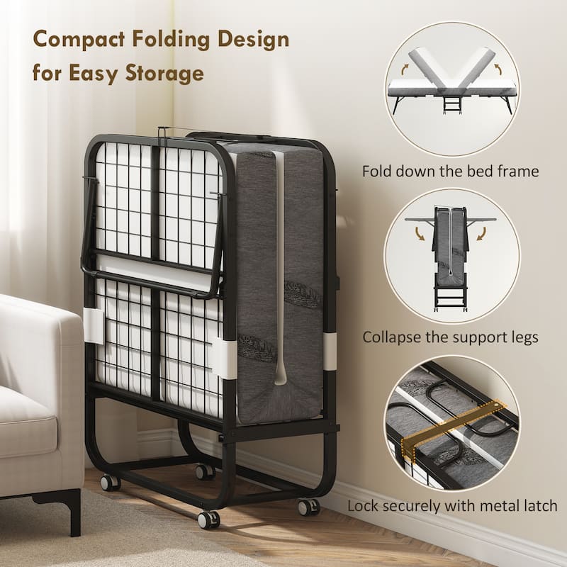 31.5"W Portable Foldable Steel Frame Bed with Mattress