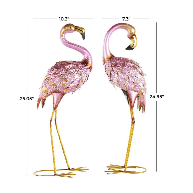 Pink Metal Flamingo Decorative Garden Sculpture with Dimensional Feathers and Gold Accents (Set of 2)