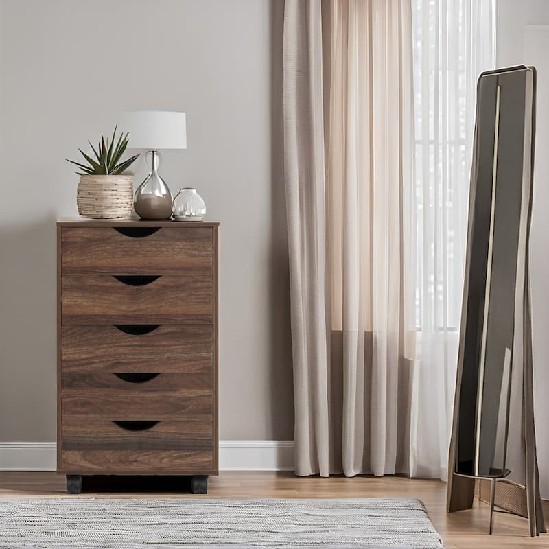 Portable 5-Drawer Wooden Cabinet with 360° Wheels, Smooth Pullout & Extra Top Storage - Brown Oak