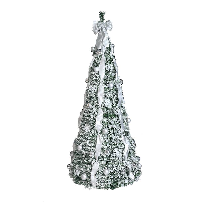 7FT Flocked Pop-Up Christmas Tree with 200 Warm White UL Lights -Pre-Decorated with Ornaments, Snowflakes, Ribbons & Large Bow
