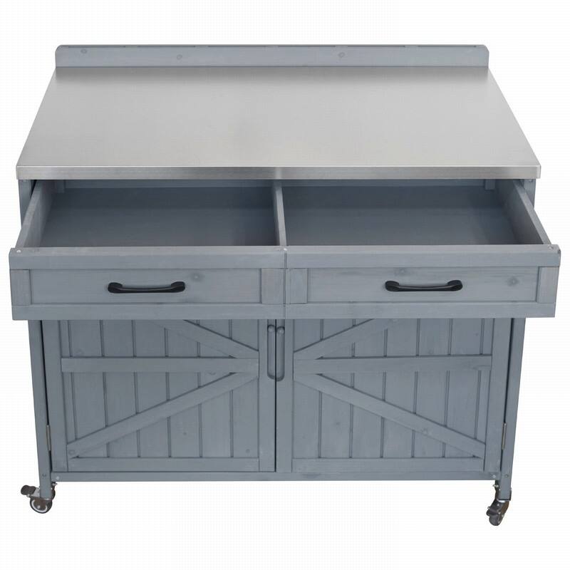 2-Piece Outdoor Kitchen Island Set with Stainless Steel Top and Sink, Drawer and Cabinets for Outdoor Storage w/ Wheels