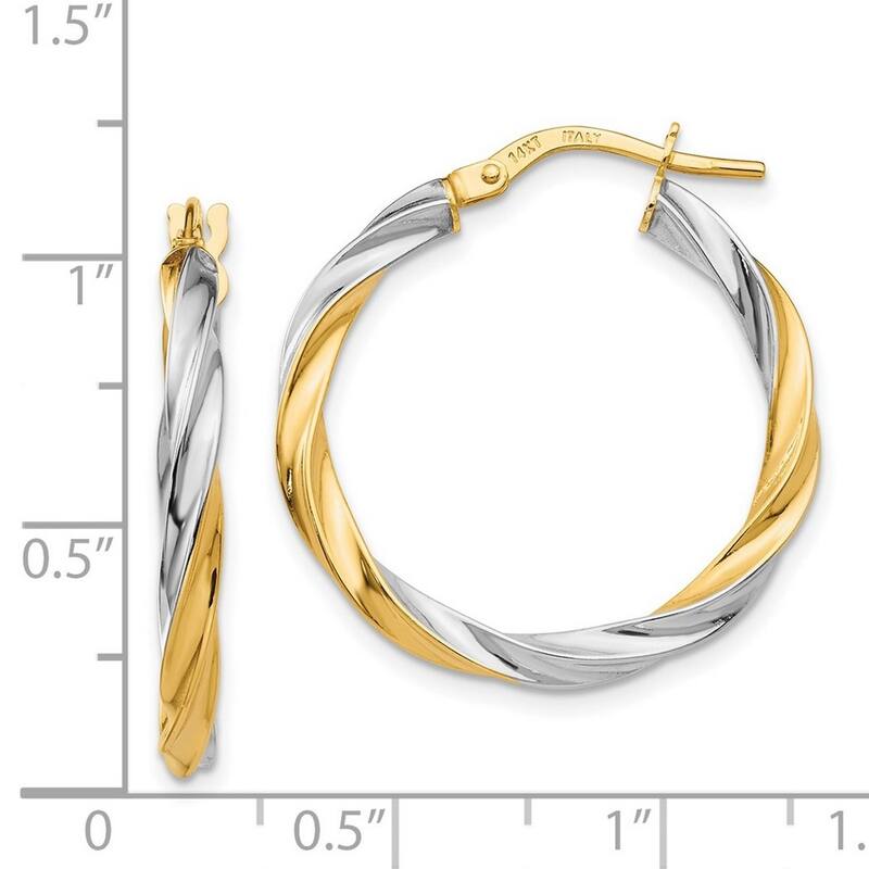 Curata 2.5mm 14k Yellow Gold White Rhodium 2.5x26mm Twisted Hoop Earrings