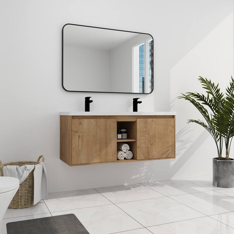 Wall-Mounted Bathroom Vanity with Double Resin Sink, Soft-Closing Doors, and Modern Design for Efficient Storage