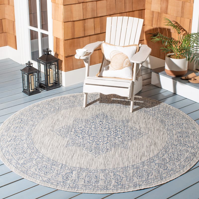 SAFAVIEH Courtyard Maralyn Indoor/ Outdoor Waterproof Patio Backyard Rug - 6'7" x 6'7" Round - Grey/Navy