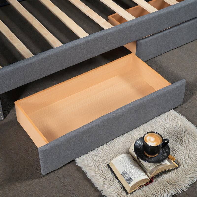 Upholstered Twin Size Daybed with Two Storage Drawers, Linen Fabric Daybed Frame with Wood Slat Support