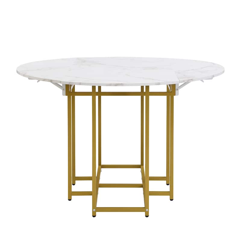5-Piece Extendable Kitchen Dining Table Set- Round Faux Marble Top, 4 Upholstered Chairs, Compact Foldable Design