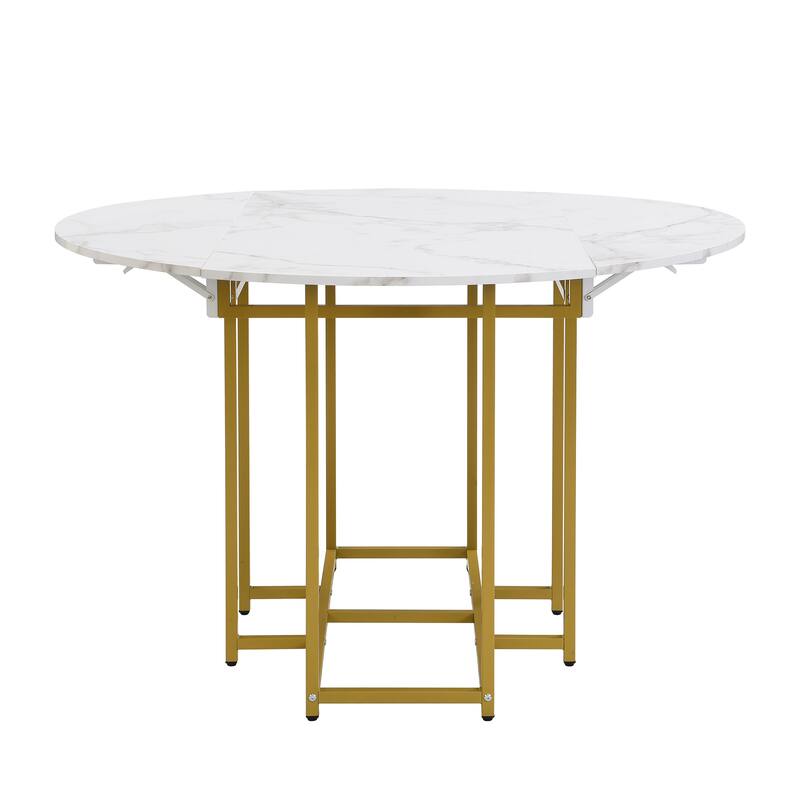 Roomfitters Space-Saving 5-Piece Extendable Dining Table Set with Round Faux Marble Top, 4 Upholstered Chairs