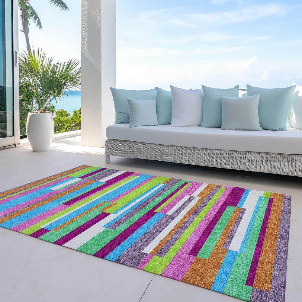 Machine Washable Indoor/ Outdoor Modern Stripes Chantille Rug