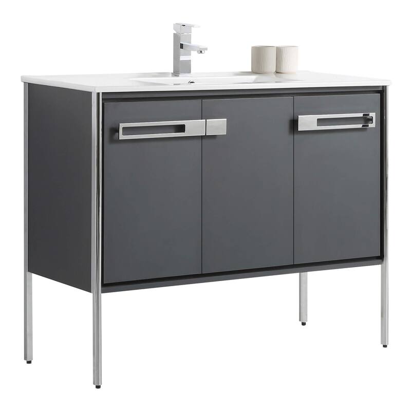 Fine Fixtures Oakville Bathroom Vanity with White Ceramic Sink - 42 Inch - Onix Grey - Chrome Hardware