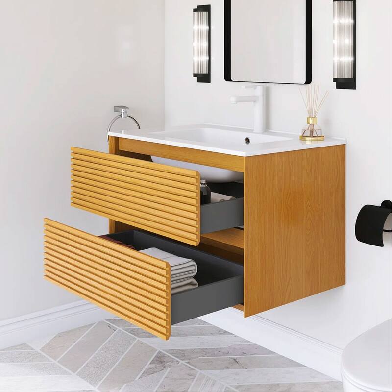 Wall-Mounted Bathroom Vanity with White Ceramic Sink