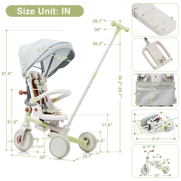 dimension image slide 3 of 5, Baby Tricycle 7 in 1 , Foldable Toddler Tricycle with Removable and Adjustable Parent Handle