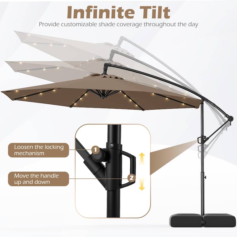 Large 10 Feet Patio Offset Umbrella with Stable Crossed Base and Solar LED Lights for Outdoor