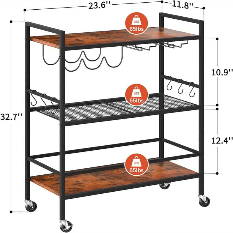 Bar Carts for The Home 3Tier Rolling Kitchen Cart with Wine Rack and Glass Holder - 23.6"D x 11.8"W x 32.5"H